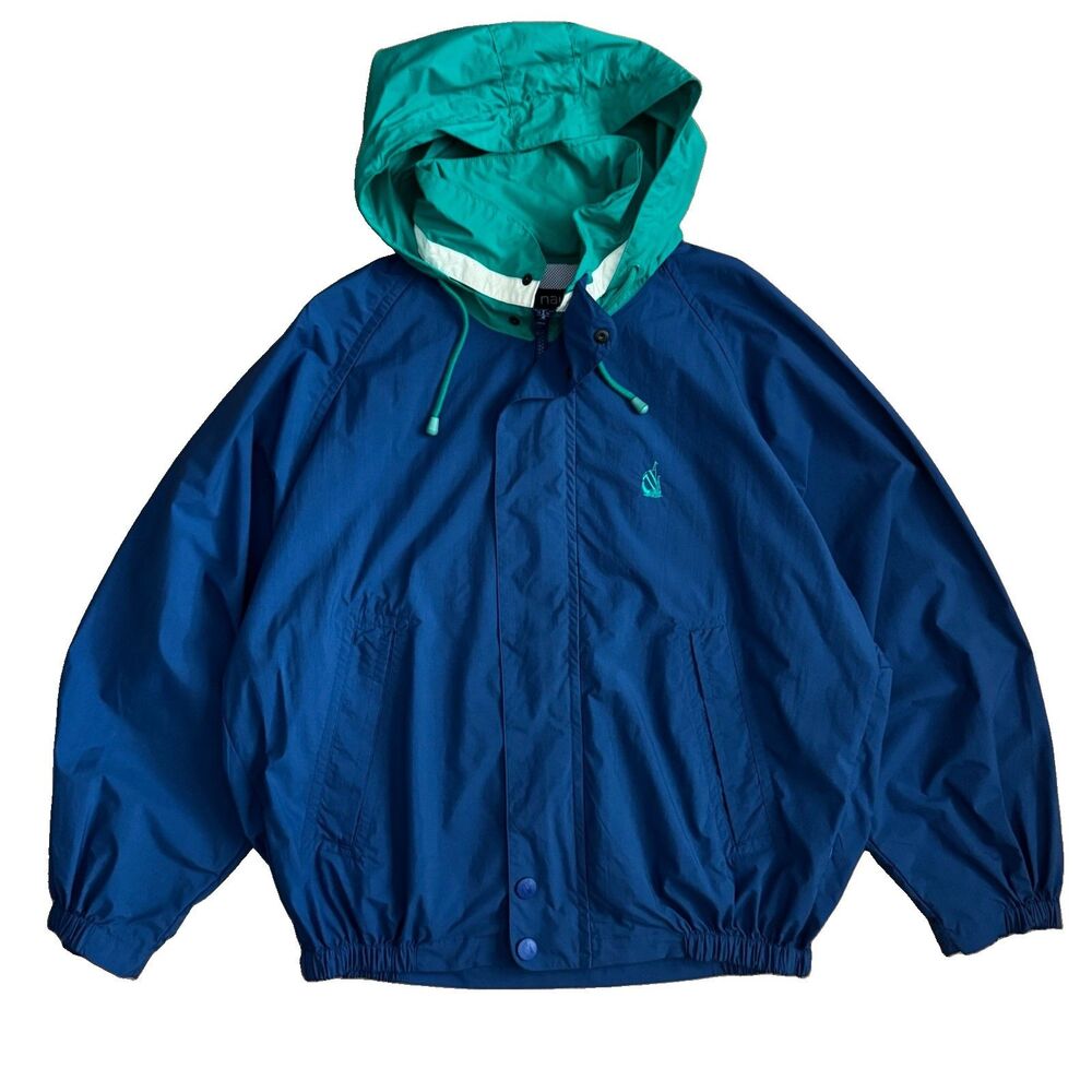 Vintage 90s Nautica Colorblock Full Zip Hood Windbreaker Jacket Sz L Blue Green